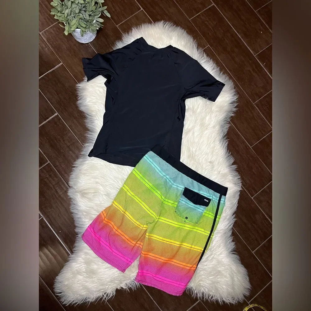 Hurley Kids Black Rash Guard and Multicolor Swim Shorts Set sz small/29